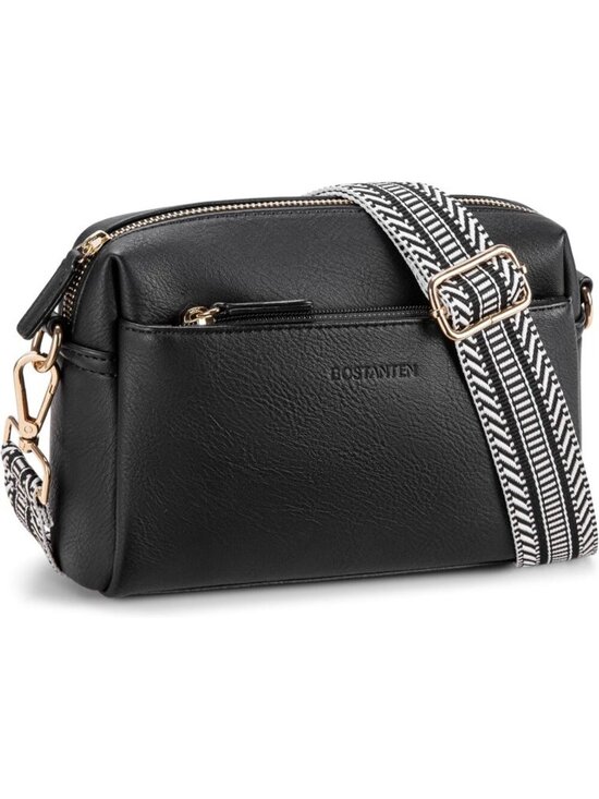 Handbags - Women's Black Leather Triple Zip Crossbody Bag Purse with Colored Shoulder Strap
